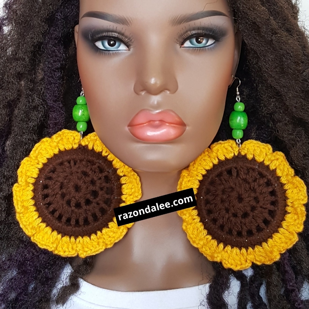 Sunflower Jumbo Large Crochet Statement Earrings by Razonda Lee Brown Yellow